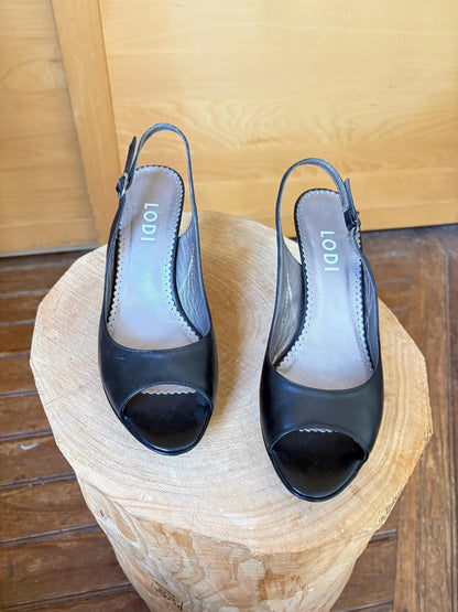 Black Leather Peep Toe Slingback Heels — additional view 13