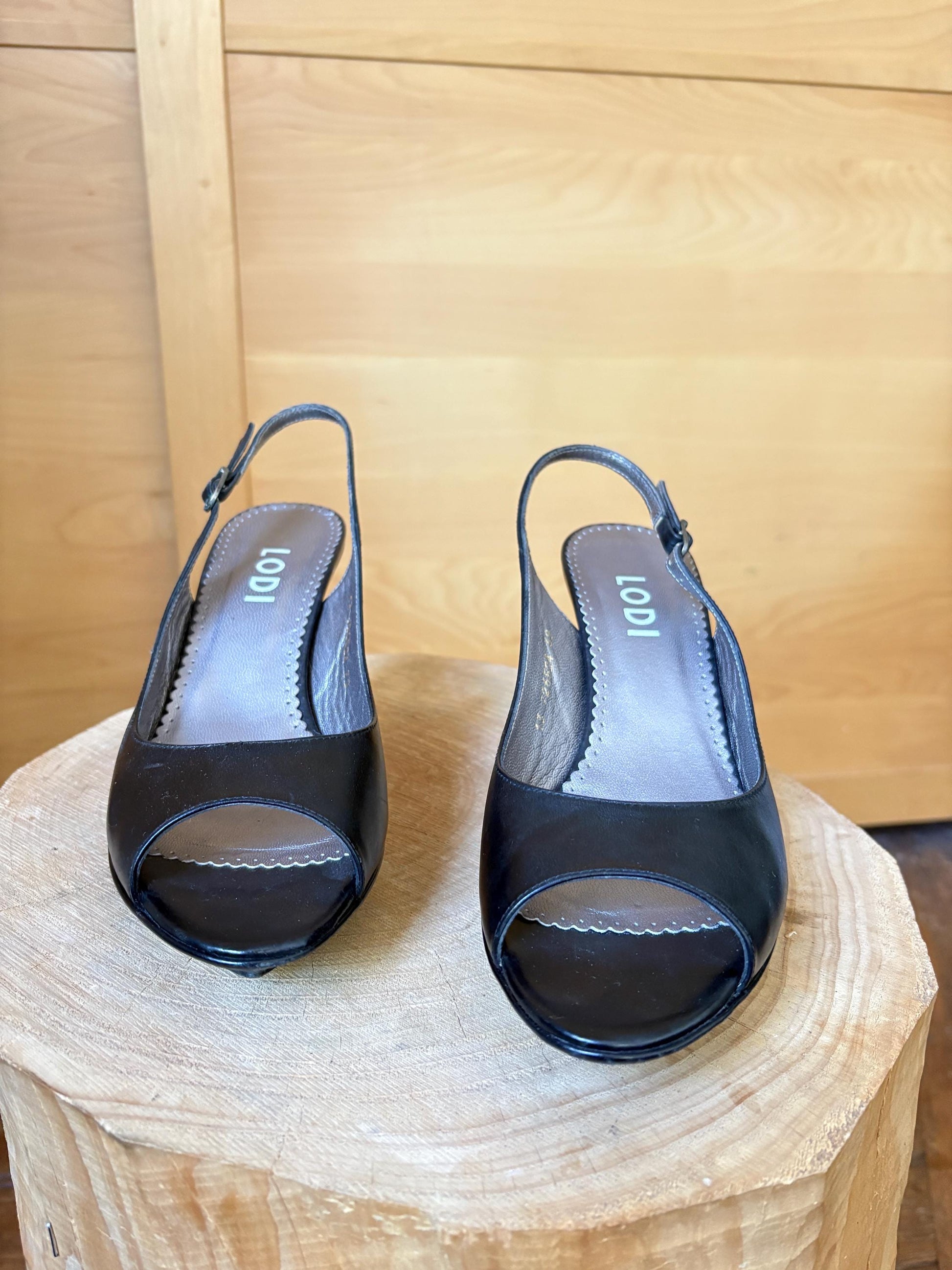 Black Leather Peep Toe Slingback Heels — additional view 9