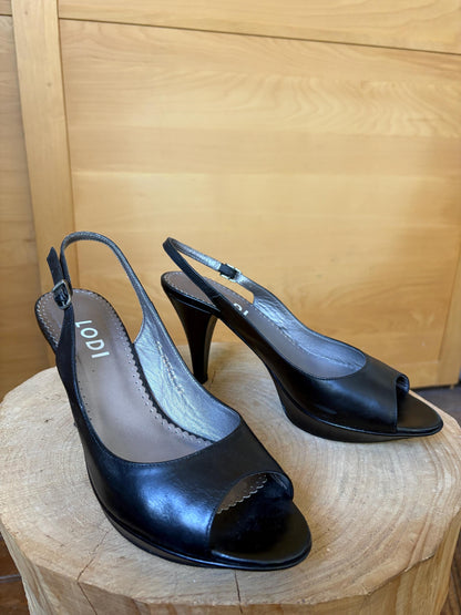 Black Leather Peep Toe Slingback Heels — additional view 12