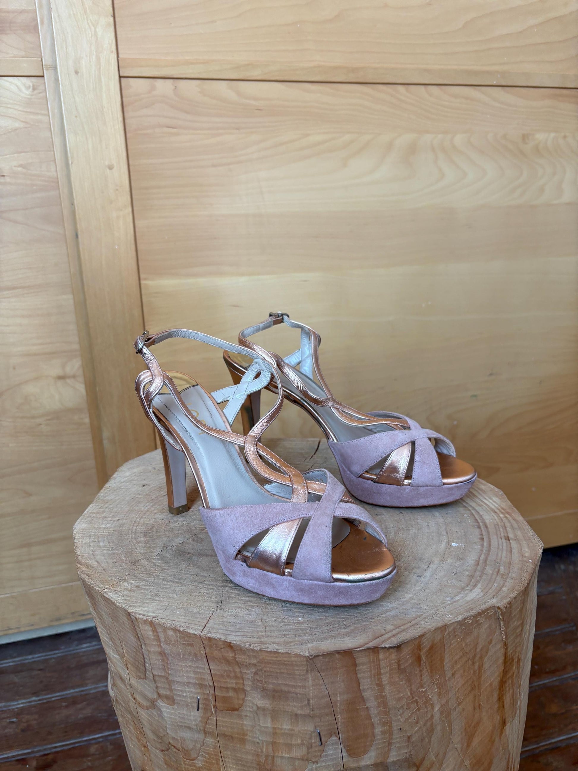 Pink Suede Platform Heels with Rose Gold Accents — additional view 9
