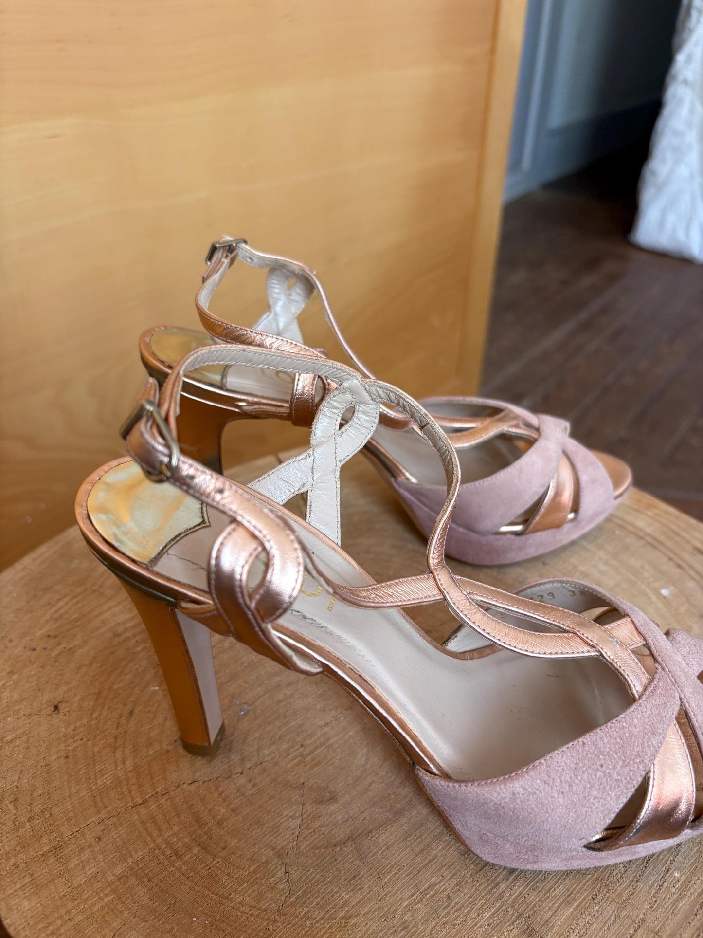 Pink Suede Platform Heels with Rose Gold Accents — additional view 10