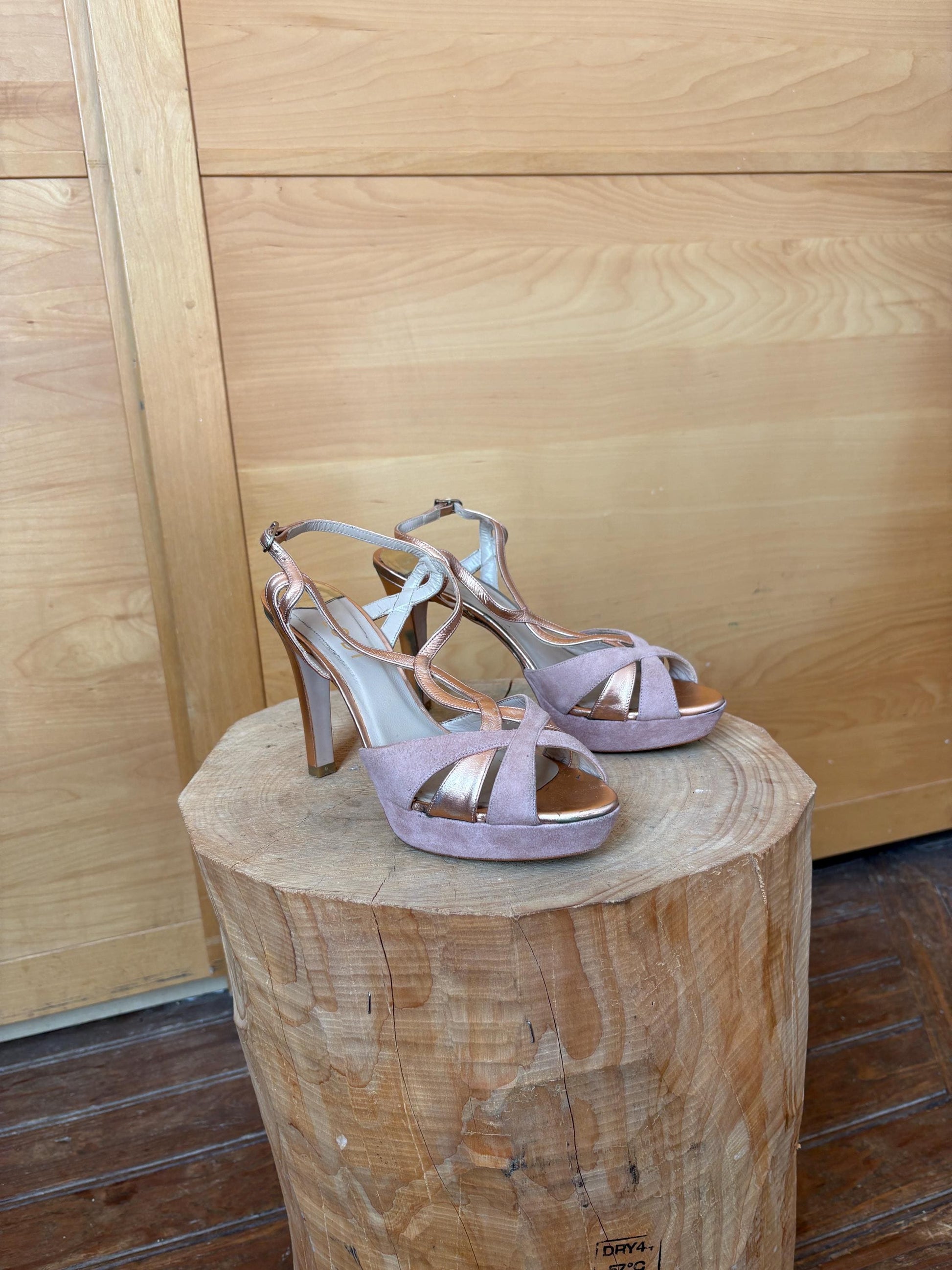 Pink Suede Platform Heels with Rose Gold Accents — detail