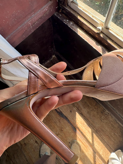 Designer Platform Heels, Pink Suede Rose Gold Sandals Made in Spain, Leather womans hoes, Size EU 38
