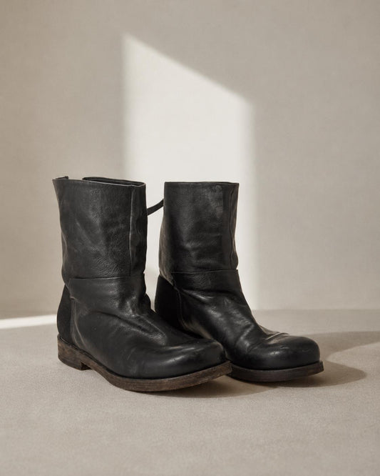 Black Leather Block Heel Ankle Boots