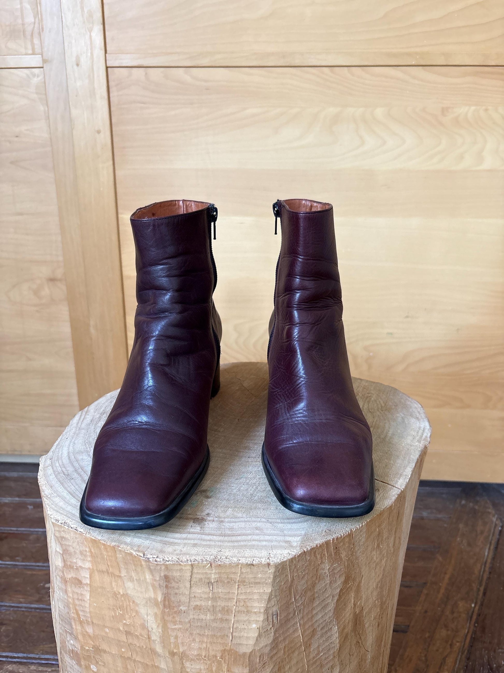 Burgundy Leather Ankle Boots with Block Heel — fabric close-up