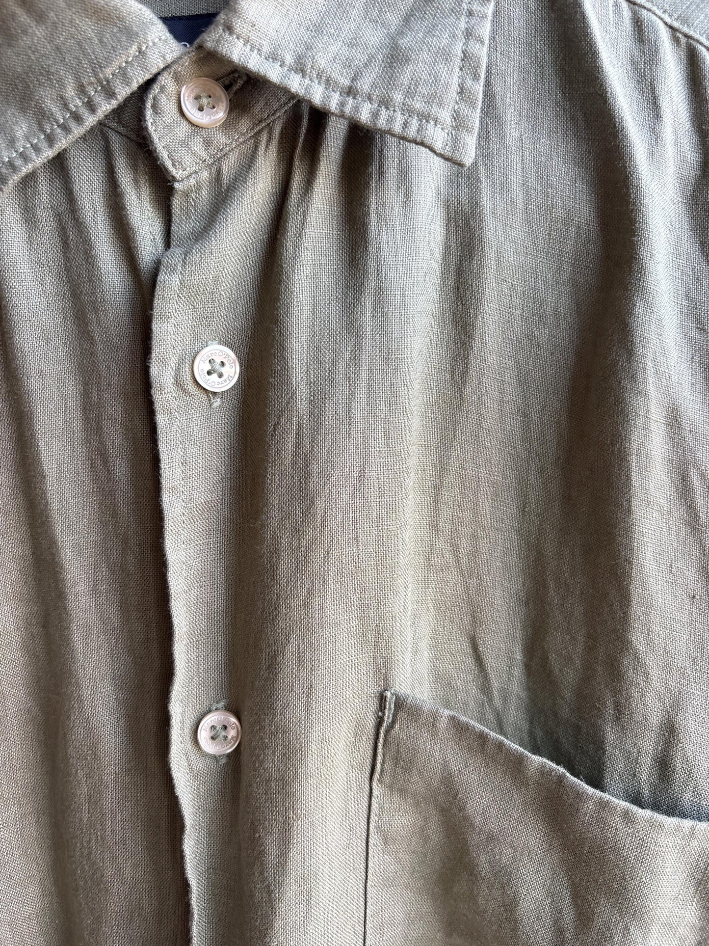 Sage Green Linen Button-Down Shirt for Men — fabric close-up