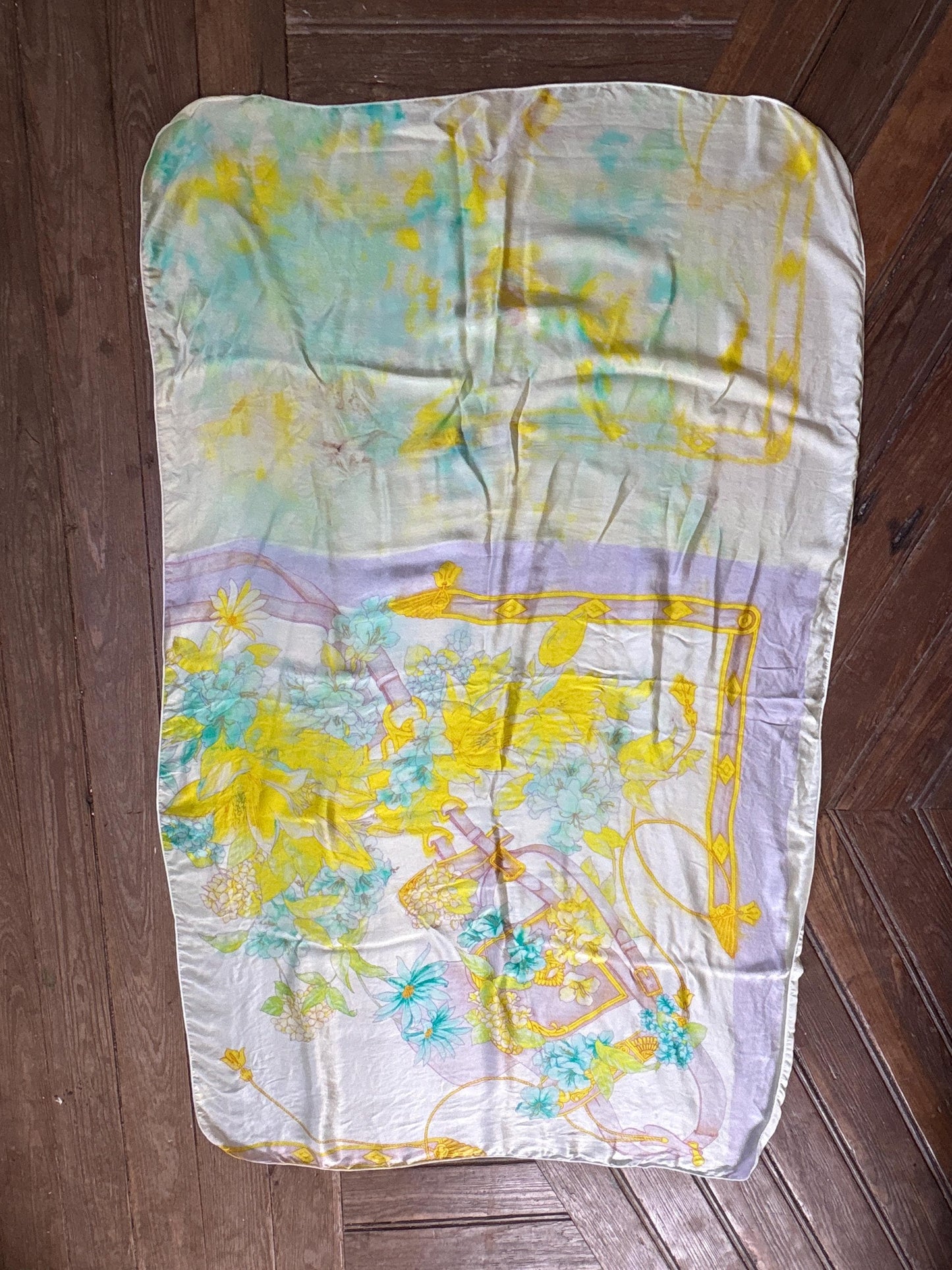 Vintage Silk Floral Scarf Pastel Turquoise Yellow Wrap