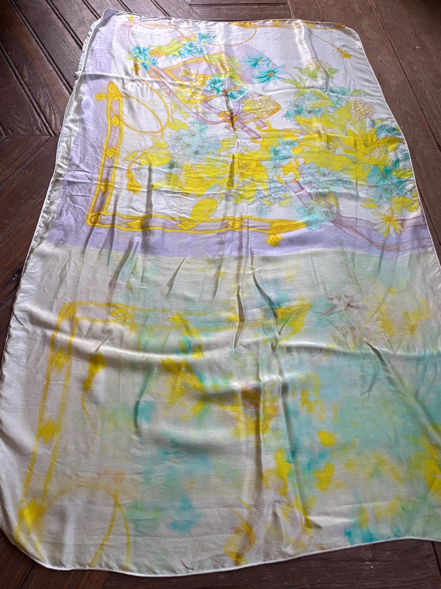 Vintage Silk Floral Scarf Pastel Turquoise Yellow Wrap