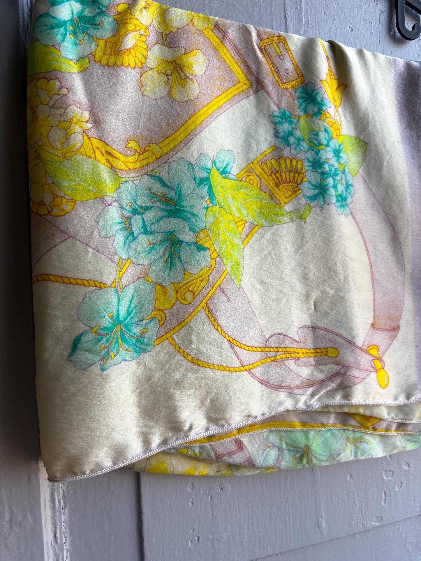 Vintage Silk Floral Scarf Pastel Turquoise Yellow Wrap