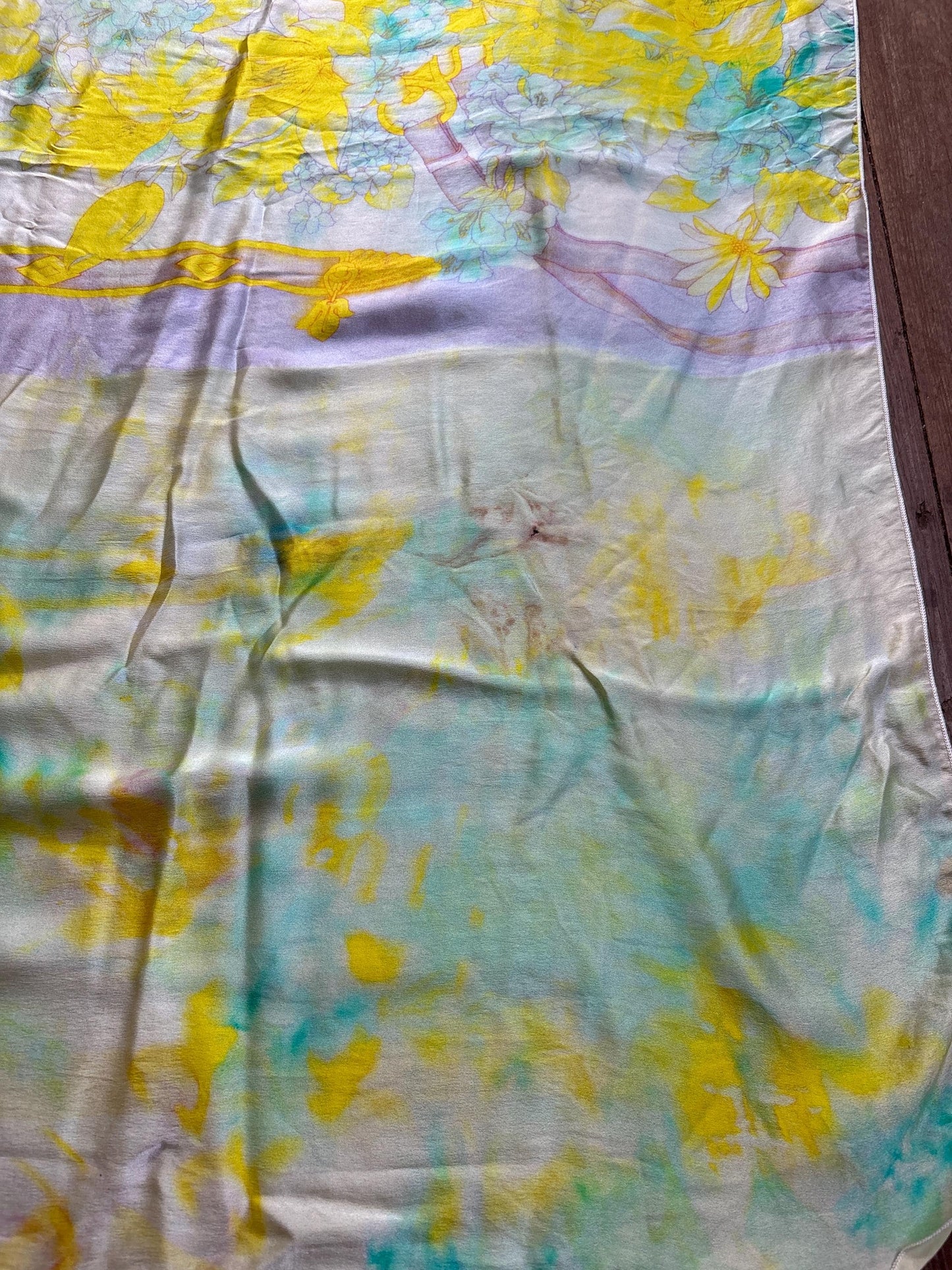Vintage Silk Floral Scarf Pastel Turquoise Yellow Wrap