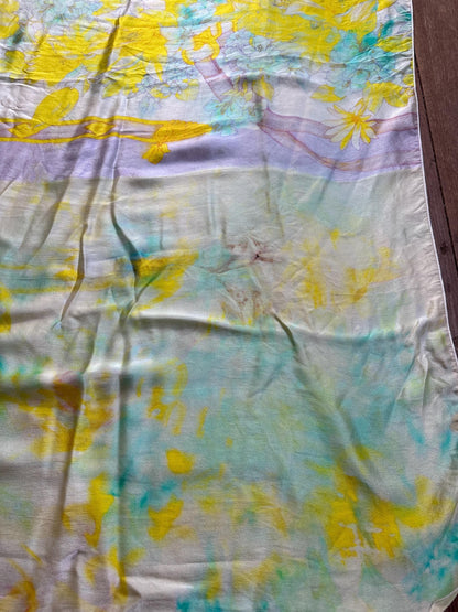 Vintage Silk Floral Scarf Pastel Turquoise Yellow Wrap
