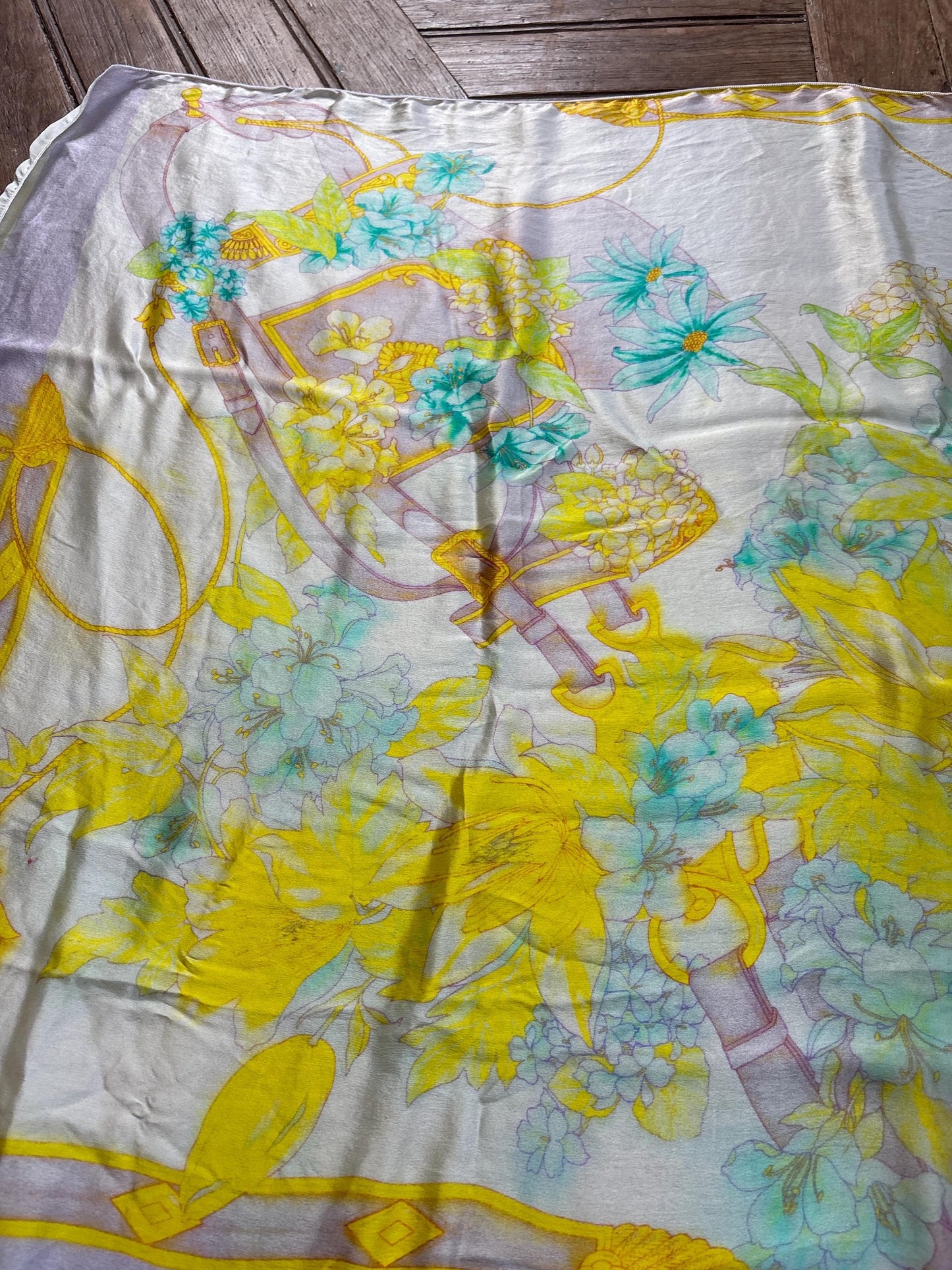 Vintage Silk Floral Scarf Pastel Turquoise Yellow Wrap