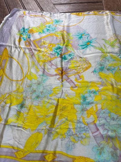 Vintage Silk Floral Scarf Pastel Turquoise Yellow Wrap