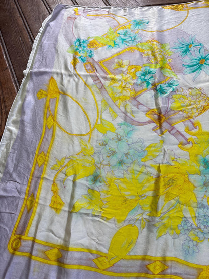 Vintage Silk Floral Scarf Pastel Turquoise Yellow Wrap