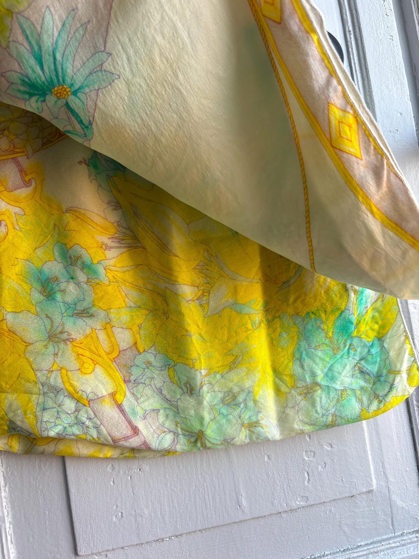 Vintage Silk Floral Scarf Pastel Turquoise Yellow Wrap