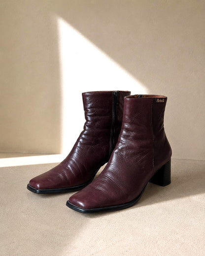 Burgundy Leather Ankle Boots with Block Heel