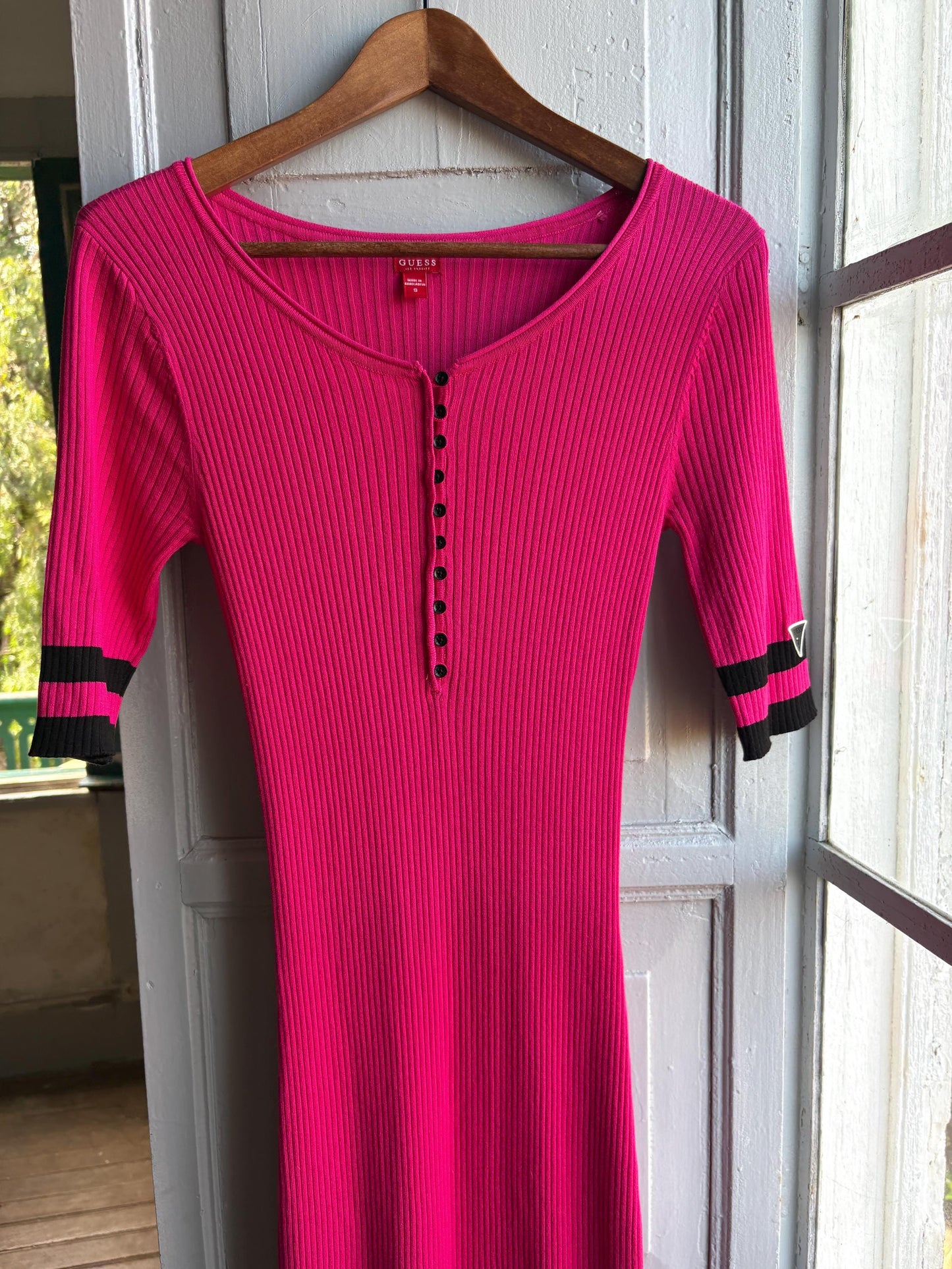 Hot Pink Ribbed Midi Dress — fabric close-up