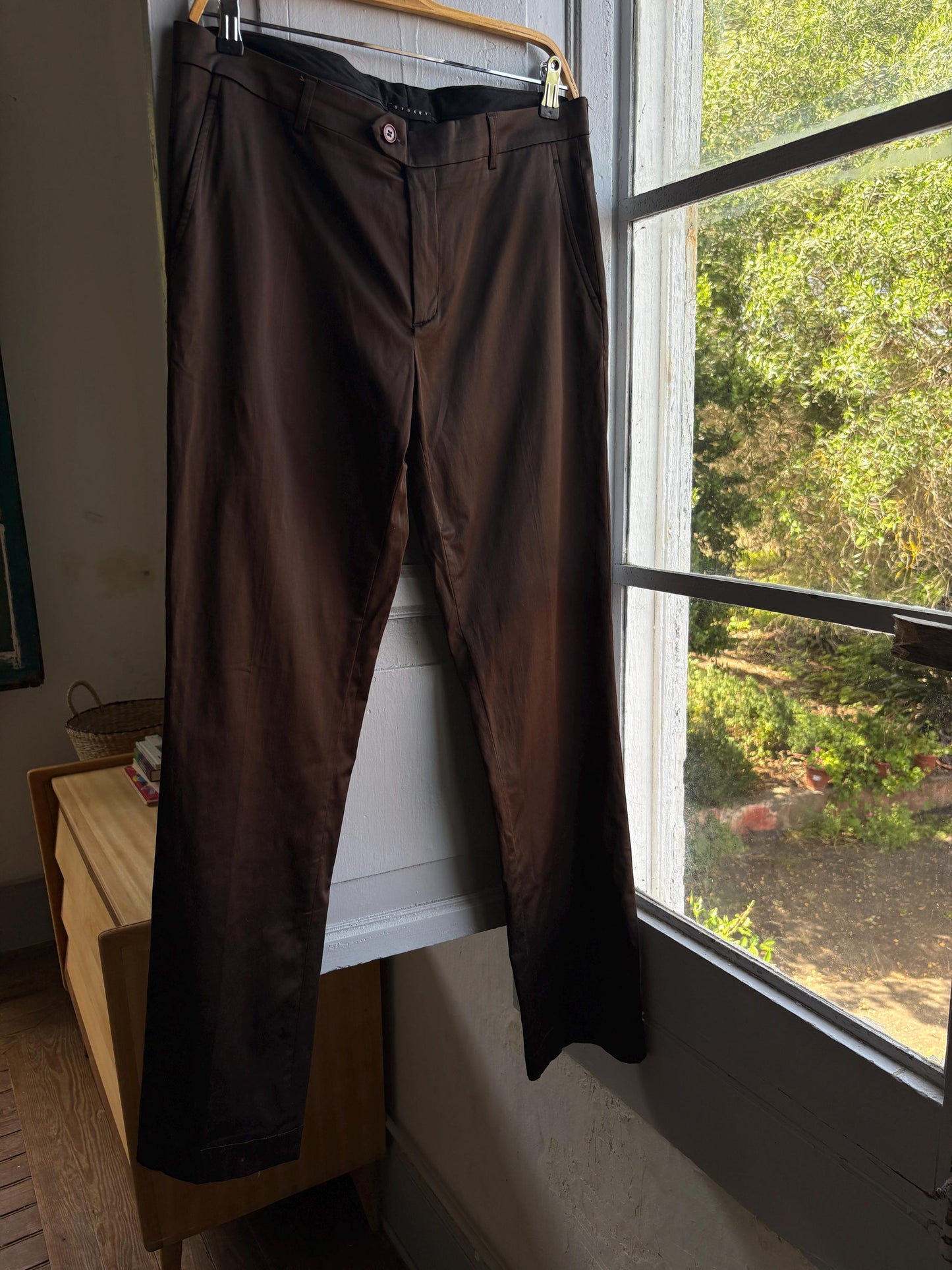 Sisley Brown Satin Vintage Trousers, Straight Leg Pants