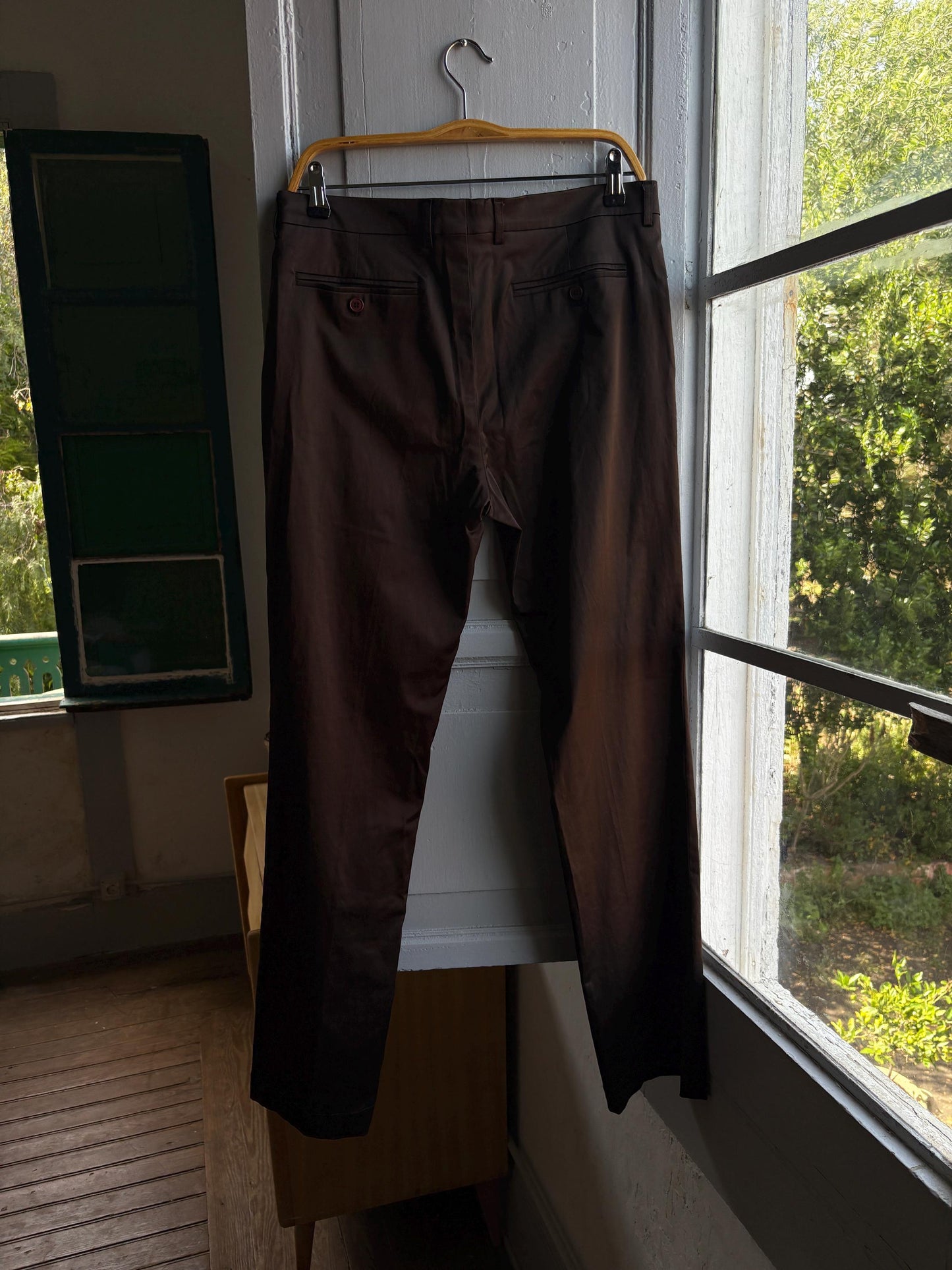 Sisley Brown Satin Vintage Trousers, Straight Leg Pants
