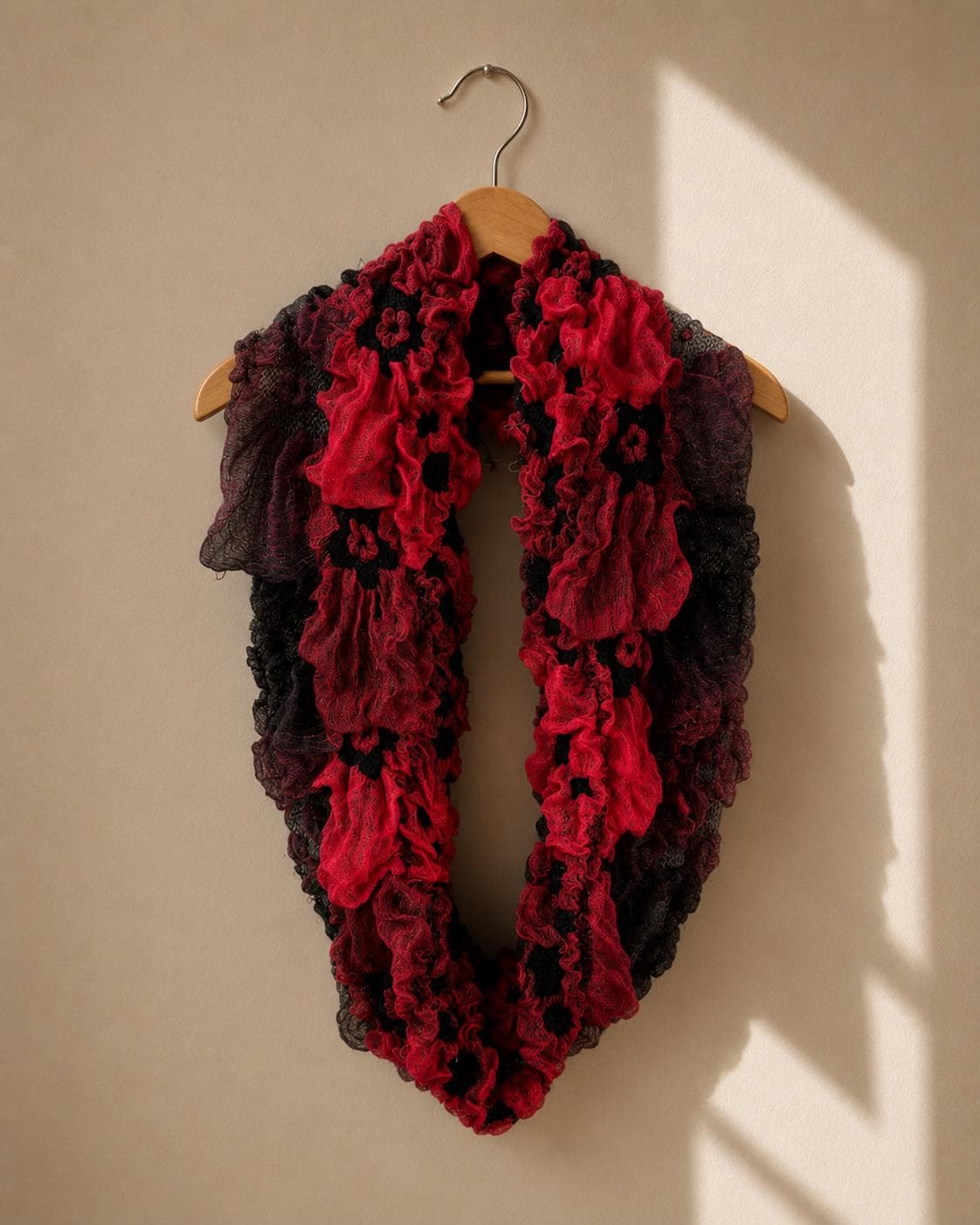 Vintage Red Black Ruffle Loop Scarf