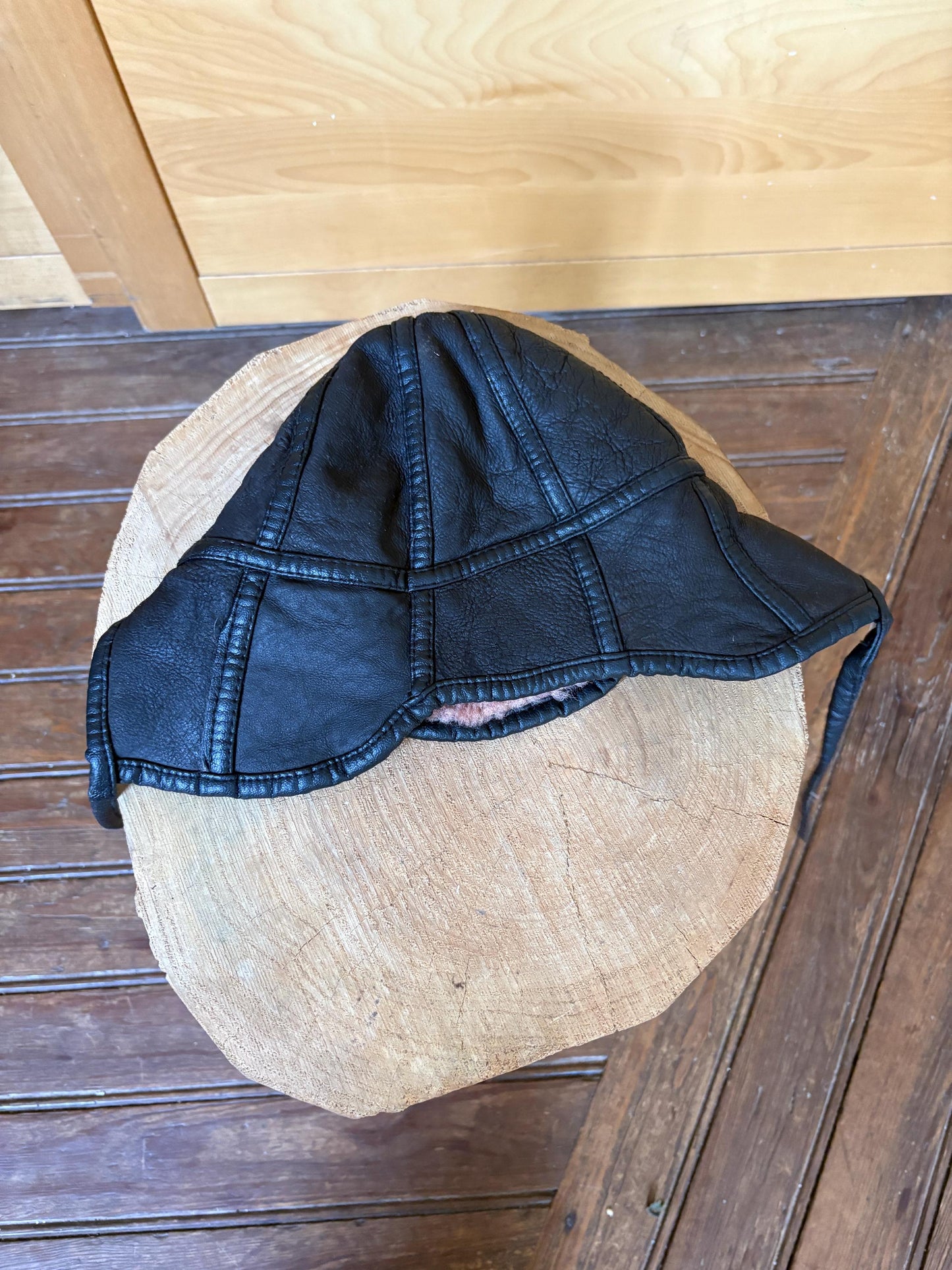 Black Leather Vintage Aviator Hat with Teddy Wool Lining