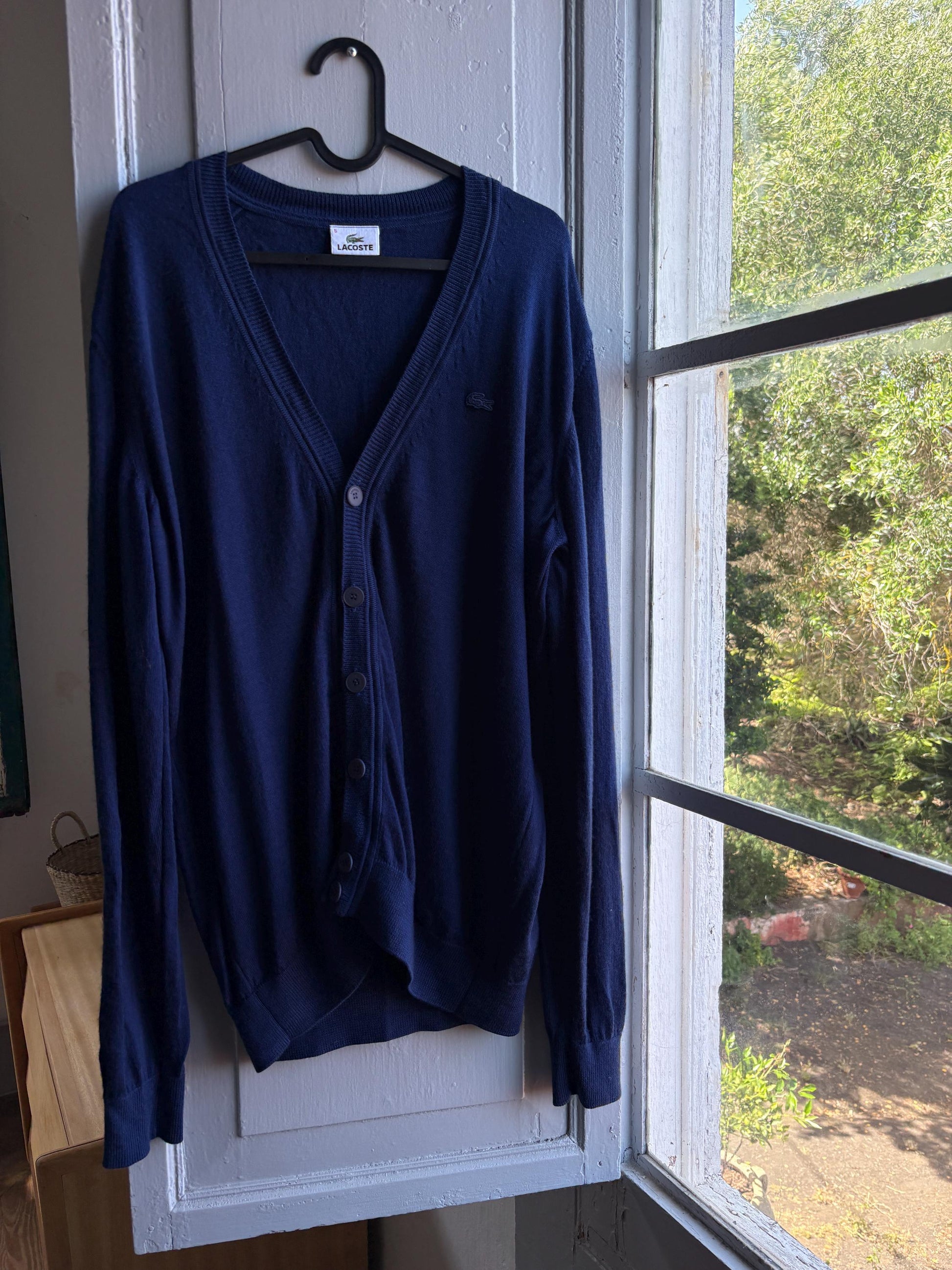Lacoste Virgin Wool Cardigan in Navy — fabric close-up