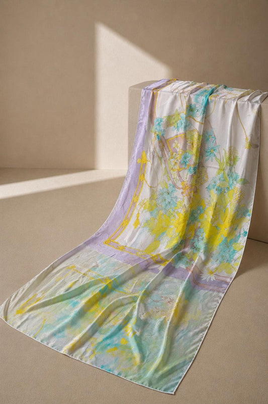 Vintage Silk Floral Scarf Pastel Turquoise Yellow Wrap