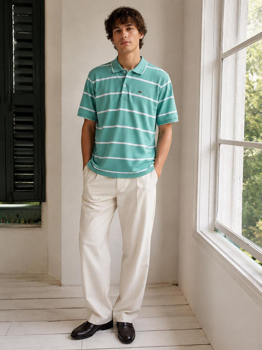 Mint Green Striped Cotton Polo Shirt