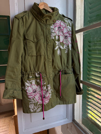 Floral Green Cotton Utility Jacket — fabric close-up