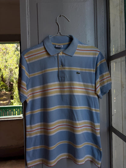 Vintage Lacoste Striped Polo Shirt in Pastel Blue — fabric close-up