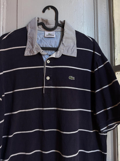 Vintage Lacoste Polo Shirt Men Navy Blue Striped Cotton Polo French Preppy Rugby Shirt Size 7
