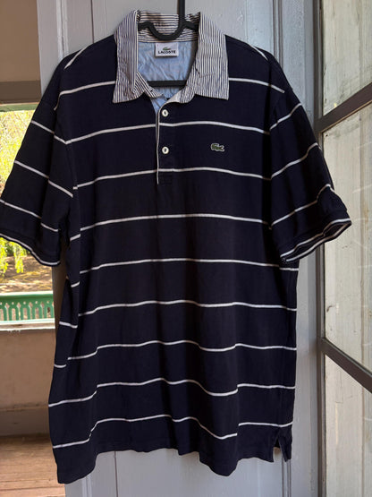 Vintage Lacoste Polo Shirt Men Navy Blue Striped Cotton Polo French Preppy Rugby Shirt Size 7