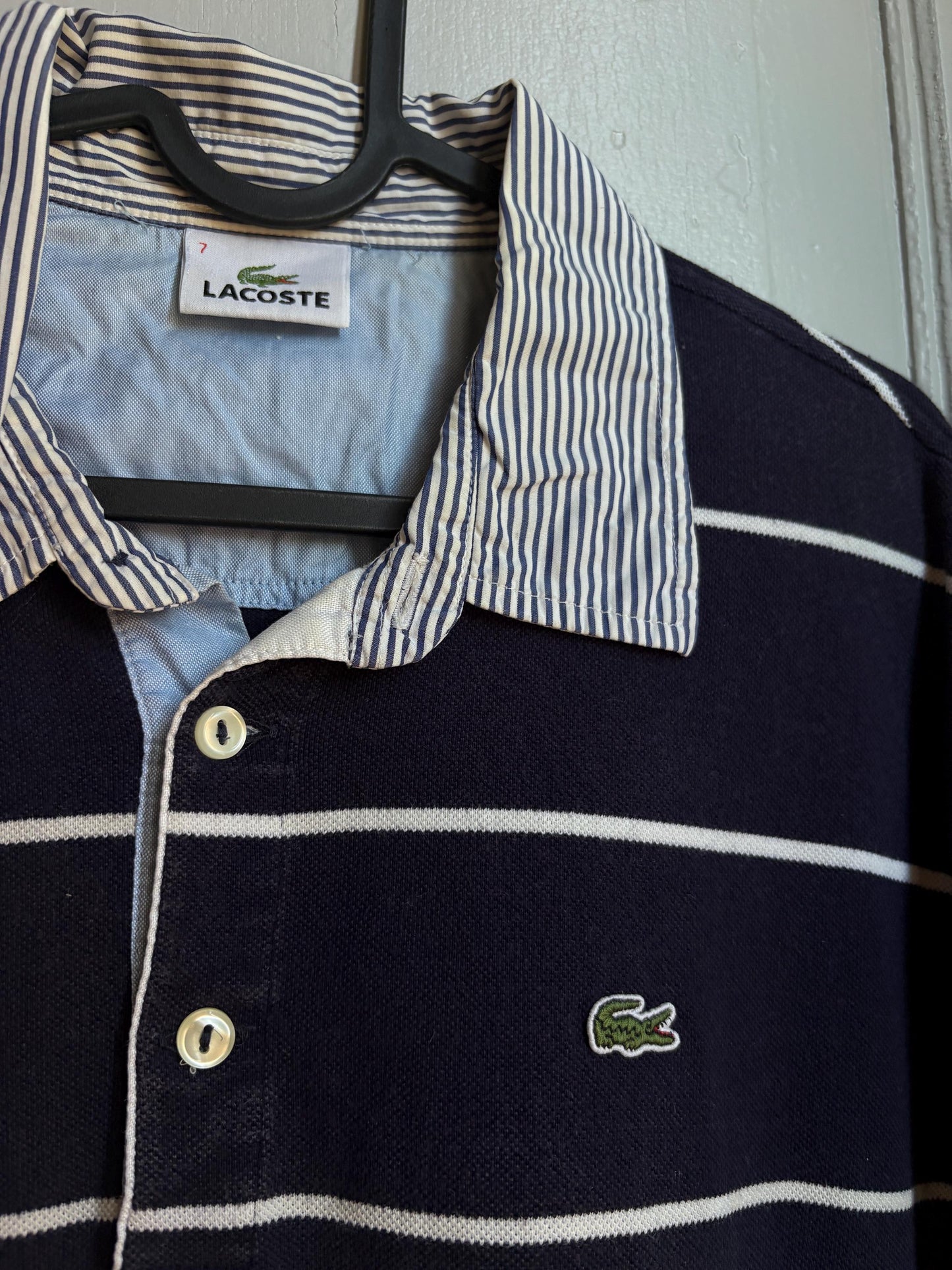 Vintage Lacoste Polo Shirt Men Navy Blue Striped Cotton Polo French Preppy Rugby Shirt Size 7