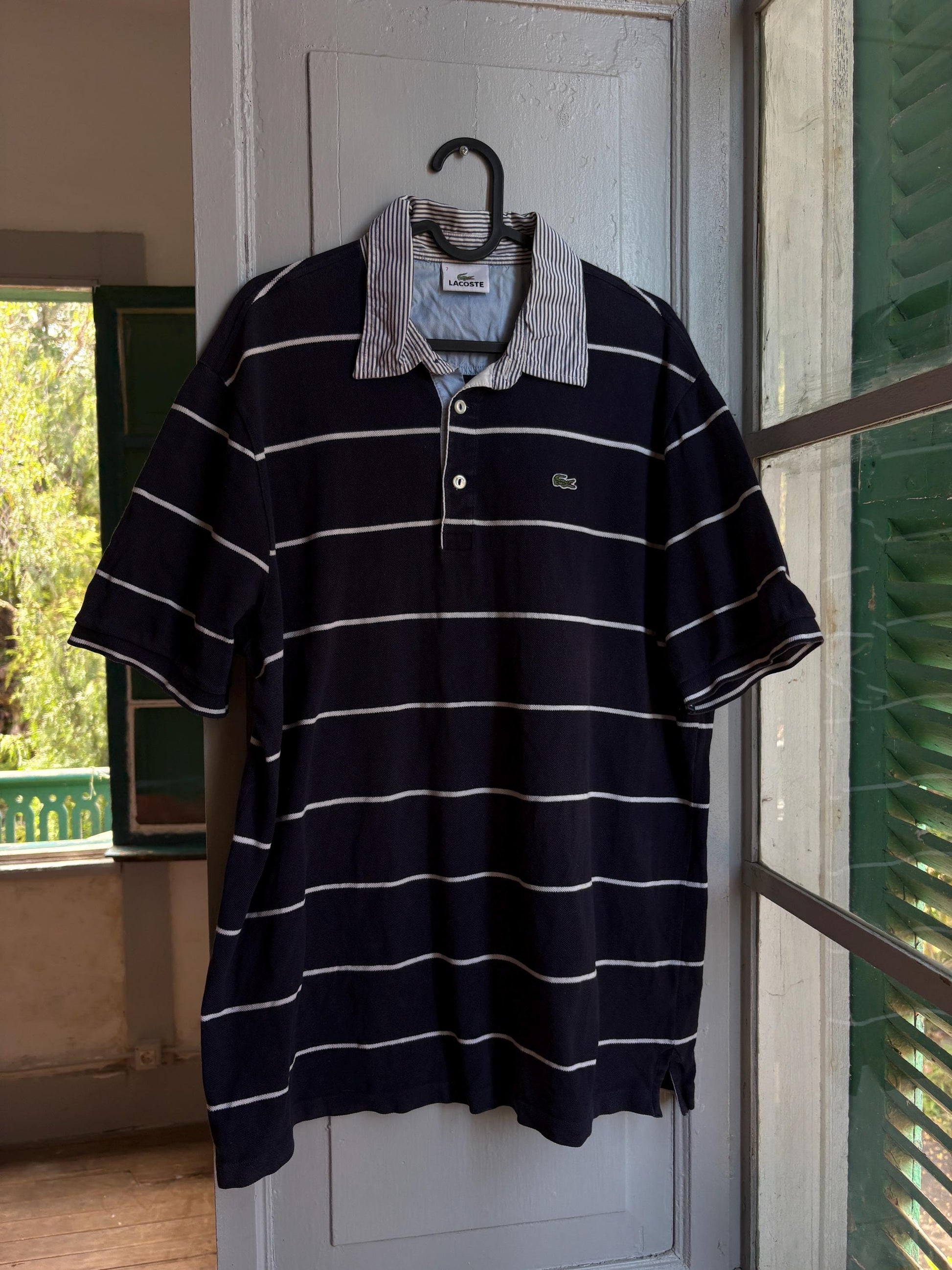 Navy Blue Striped Vintage Lacoste Polo Shirt — back view