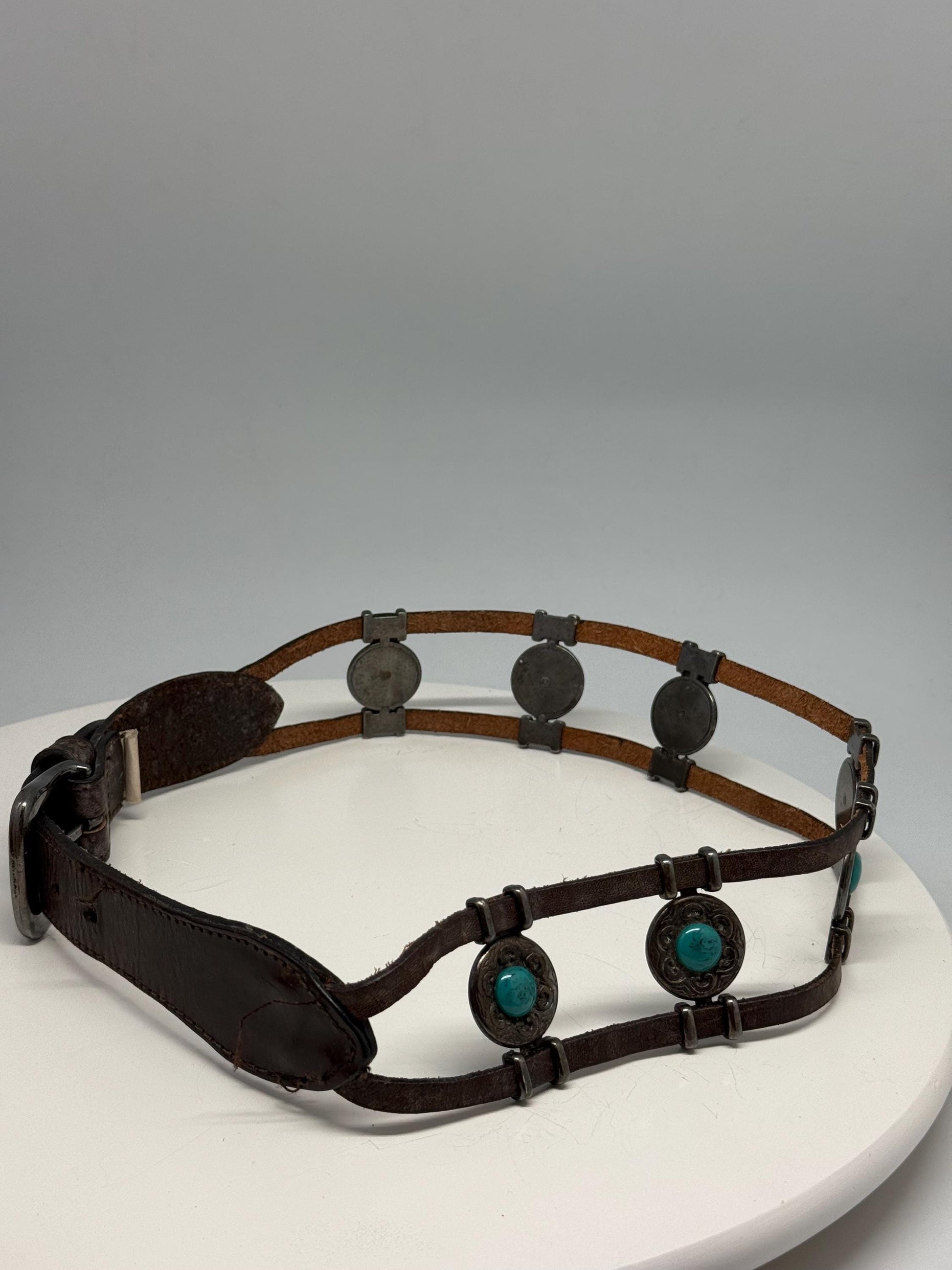 Turquoise Concho Brown Leather Boho Belt — fabric close-up