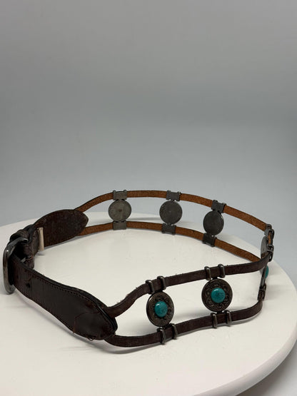 Turquoise Concho Brown Leather Boho Belt — fabric close-up