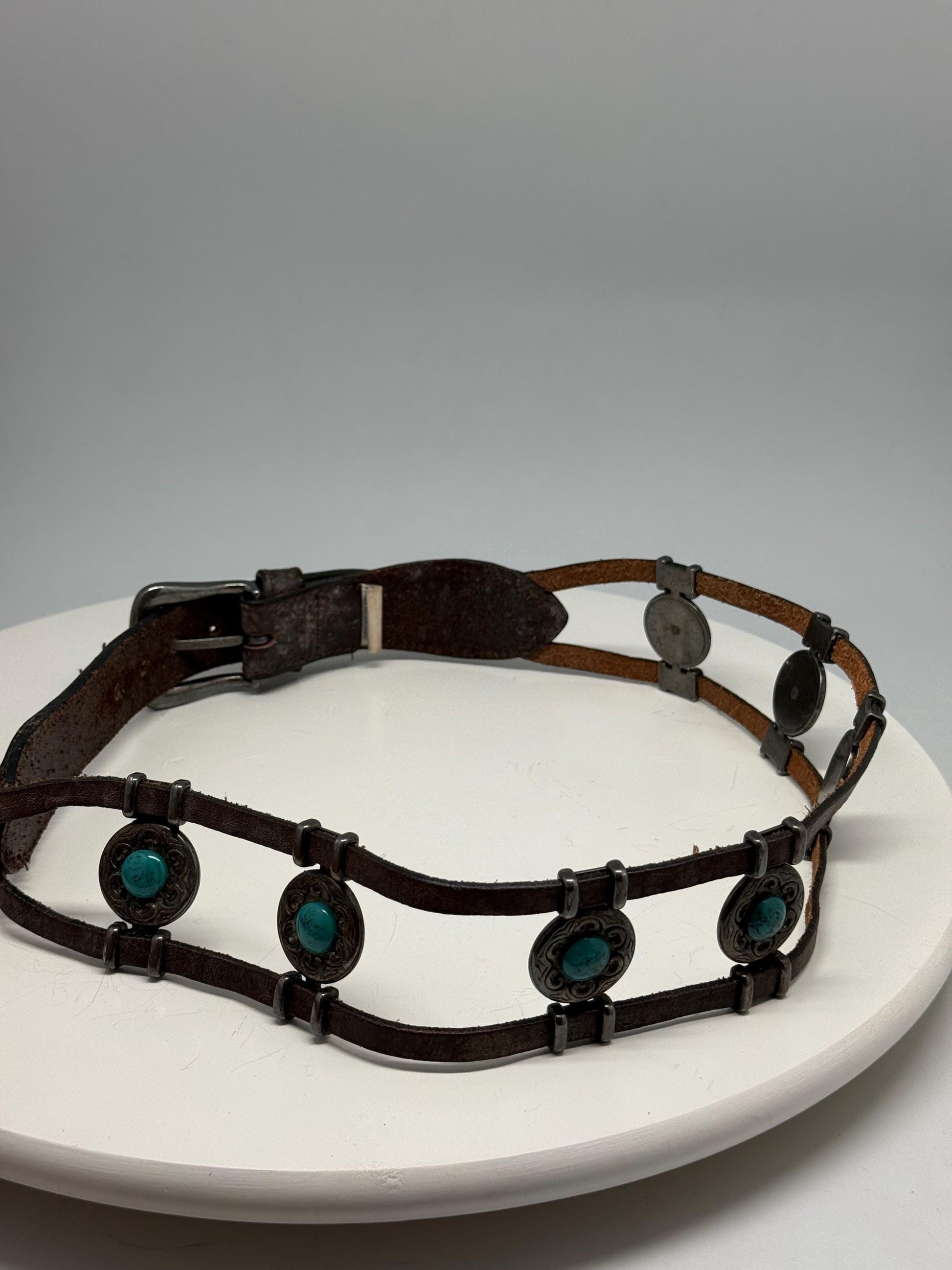 Turquoise Concho Brown Leather Boho Belt — detail