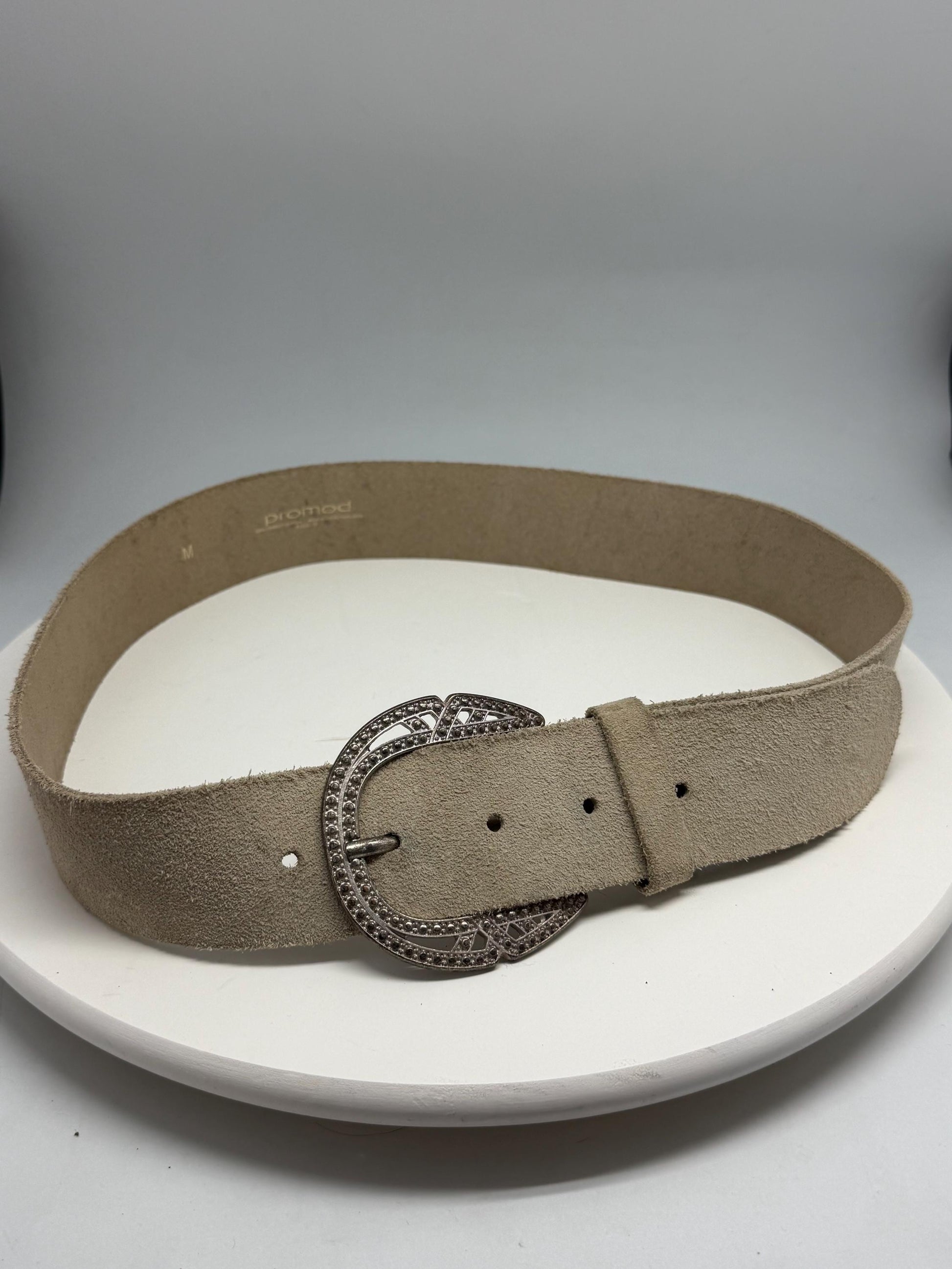 Beige Suede Leather Wide Belt With Silver Buckle — detail