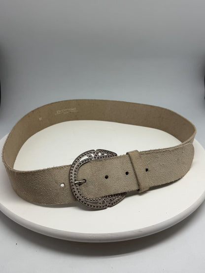 Beige Suede Leather Wide Belt With Silver Buckle — detail
