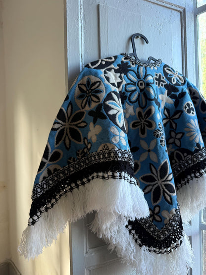 Kids floral poncho, blue wool blend, vintage style, artisan made, Spain