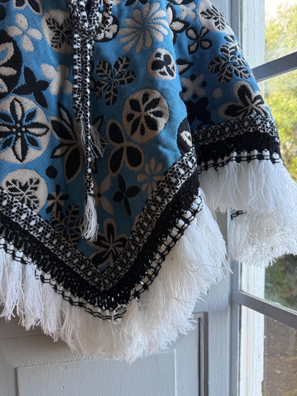 Kids floral poncho, blue wool blend, vintage style, artisan made, Spain