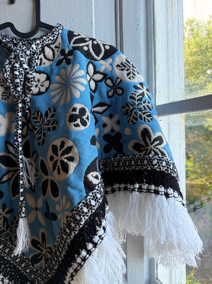 Kids floral poncho, blue wool blend, vintage style, artisan made, Spain