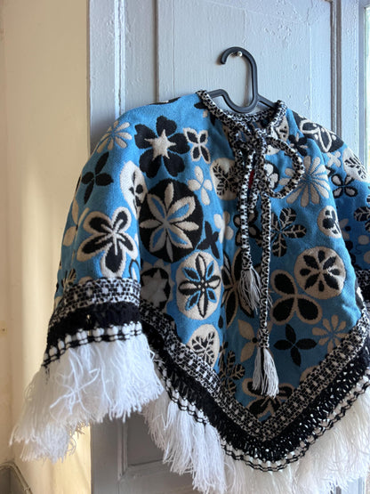Kids floral poncho, blue wool blend, vintage style, artisan made, Spain