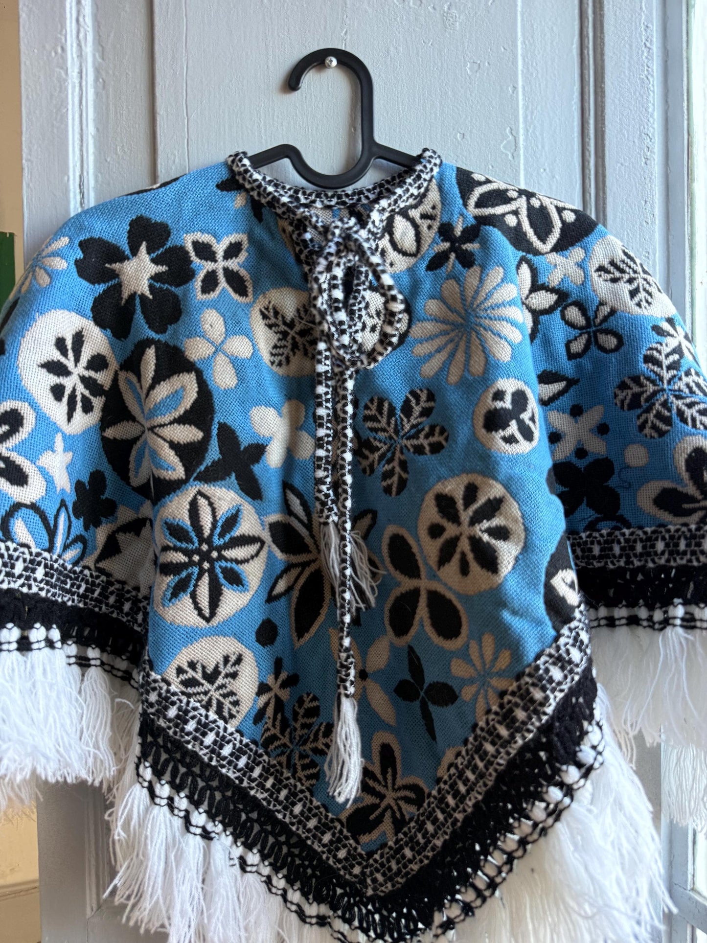 Kids floral poncho, blue wool blend, vintage style, artisan made, Spain