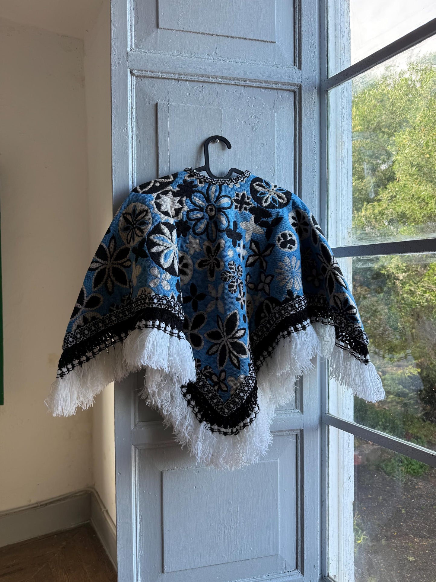 Kids floral poncho, blue wool blend, vintage style, artisan made, Spain