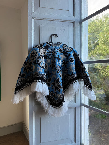 Kids floral poncho, blue wool blend, vintage style, artisan made, Spain
