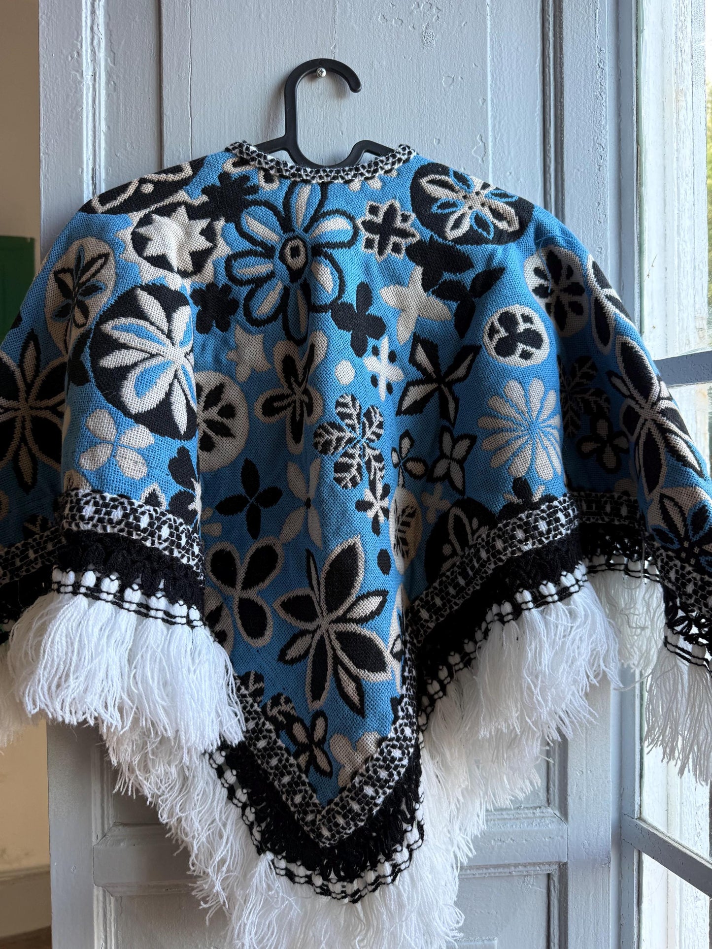 Kids floral poncho, blue wool blend, vintage style, artisan made, Spain