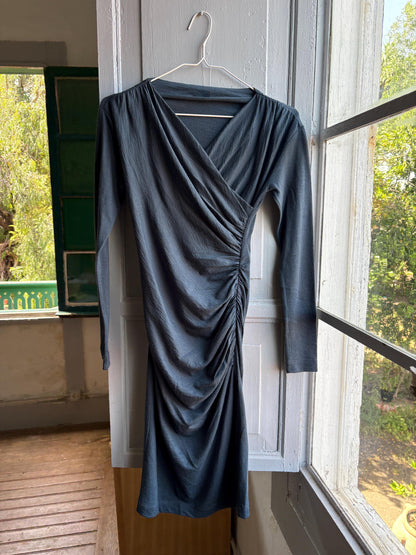 Etxart & Panno Wool Wrap Dress, Vintage Grey Bodycon Midi Dress, Minimalist Long Sleeve Dress, Office Chic, Made in Spain