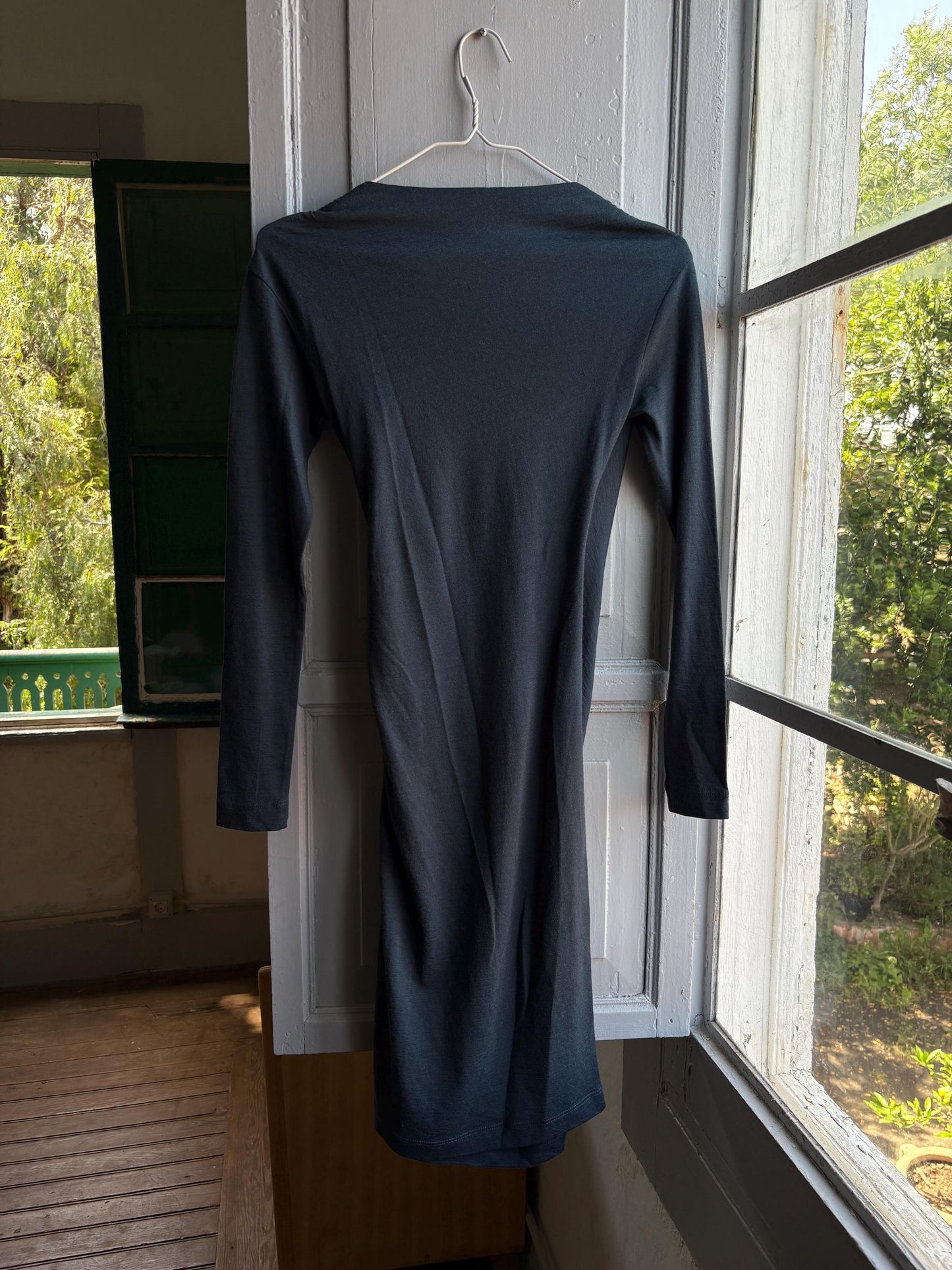 Etxart & Panno Wool Wrap Dress, Vintage Grey Bodycon Midi Dress, Minimalist Long Sleeve Dress, Office Chic, Made in Spain