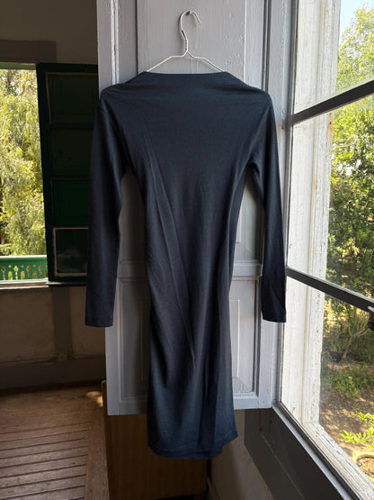 Etxart & Panno Wool Wrap Dress, Vintage Grey Bodycon Midi Dress, Minimalist Long Sleeve Dress, Office Chic, Made in Spain